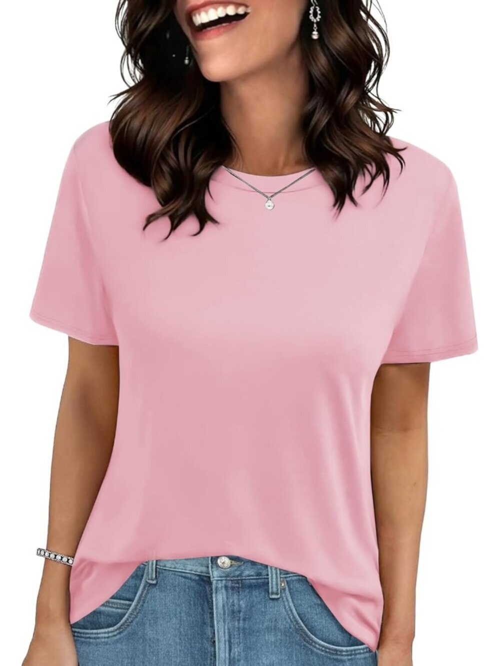 Women's T Shirts Pink Casual Short Sleeves Spring Summer Beach Vacation Tops